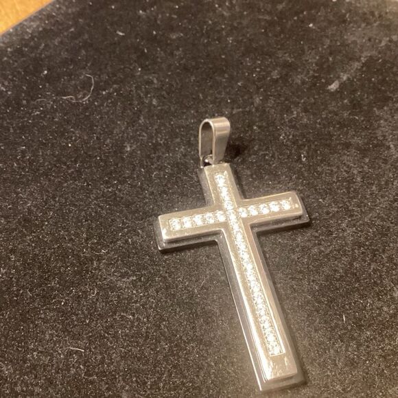 Driving Force Silvertone and Black Crystal Inset Cross Pendant - Picture 2 of 4